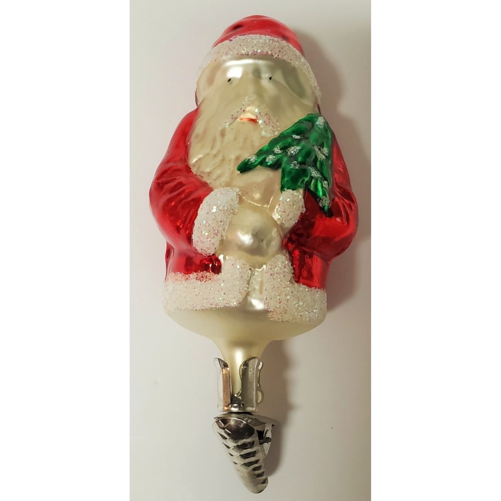 VTG Santa Christmas Ornament German Glass with Clip Red Coat Holding Green Tree - Picture 2 of 8